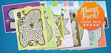 High-resolution mazes for commercial use; 23 printable designs for books and menus.