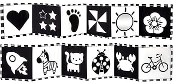 Livre sensoriel en tissu noir et blanc pour bébé, idéal dès la naissance pour stimuler la vision et