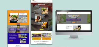 3 pages d'un site internet présentées les une à côté des autres dont une sur un écran d'ordinateur 