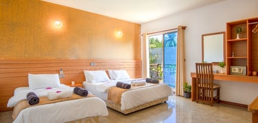 a bedroom with two beds and a desk