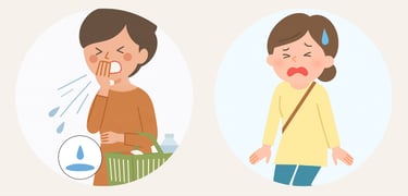 咳やくしゃみで尿漏れが起きる女性と、外出先で尿漏れに困っている女性のイラスト。