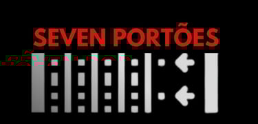 Seven Portões logo featuring red text above a white gate icon with directional arrows on a black background.