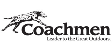 Coachmen RV logo featuring a spotted Dalmatian dog leaping over the brand name on a black background.