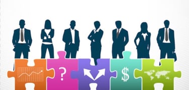 business people standing in front of a puzzle piece of puzzle pieces