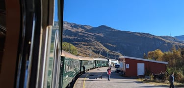 Flåm Railway train passing through a scenic Norwegian valley with people walking nearby