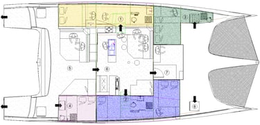 Schéma illustré des cabines et espaces de vie à bord