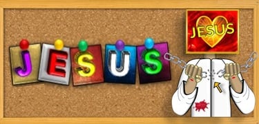 Jesus breaking chains on bulletin board, designed by Debbie Dunn