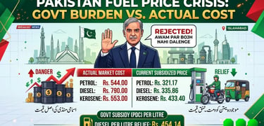 Pakistan fuel price infographic comparing actual market cost vs govt subsidized rates for petrol and diesel