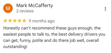 A 5-star Google review from Mark McCafferty praising delivery drivers for their polite service.