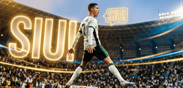 Cristiano Ronaldo performs his iconic Siu celebration in a packed football stadium.