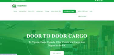 Website screenshot for CargoNaija, offering door-to-door cargo services from Nigeria to UK, USA, Canada, Ghana, and Uganda