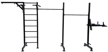 Black metal outdoor pull-up bar station with Swedish ladder and dip station for calisthenics training.
