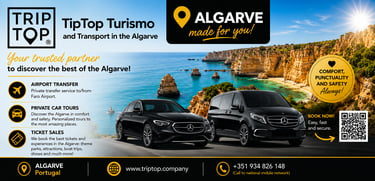 TipTop Turismo airport transfer and private car tours in Algarve with black Mercedes luxury vehicles.