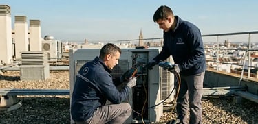 Técnicos de Climatización y Aire Acondicionado, realizando mantenimiento en calle Baños, Sevilla.