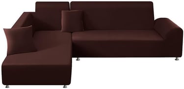 Modern brown L-shaped sectional sofa with matching throw pillows and silver legs on a white background.
