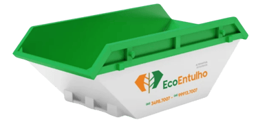 Caçamba de 4m³ da Eco-Entulho nas cores verde e branco, para aluguel e descarte de resíduos e entulho de construção.