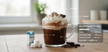 Übersicht mit Kalorienwerten von Milch, Zucker, Sahne und Schokolade – heiße Schokolade Kalorien ver