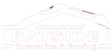 Bayside Excavation & Hauling logo featuring a white excavator silhouette on a black background.