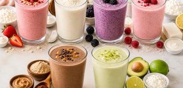 Variety of colorful fruit and protein smoothies in glasses with fresh berries, avocado, and nut butter.