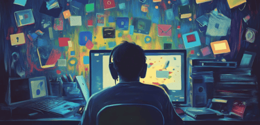 a man sitting at a desk with a computer monitor and a laptop