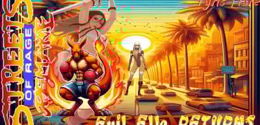 Streets of Rage characters against a sunset backdrop with palm trees and a cityscape..