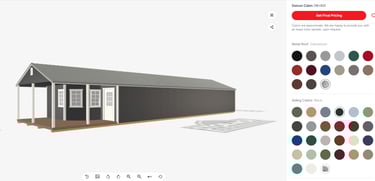 3D Shed Designer showing a deluxe cabin with custom siding and roof color option
