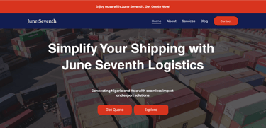 June Seventh Logistics website banner featuring shipping containers for global import and export services