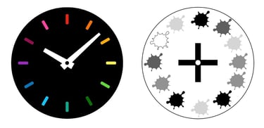 The clock on the left has clear hands and dashes. The clock on the right is impossible to read.