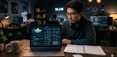 A photo-realistic image of a young male computer science student in a dimly lit, modern workspace. H