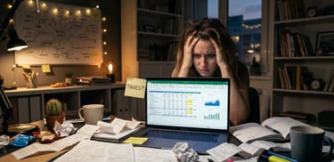 Empreendedor MEI exausto e estressado tentando organizar recibos de papel e planilhas financeiras complexas no computador.