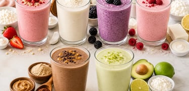 Variety of colorful fruit and protein smoothies in glasses with fresh berries, avocado, and nut butter.