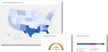 Data visualizations: a heat map, a dial displaying cool to hot colors, a horizontal segmented bar 