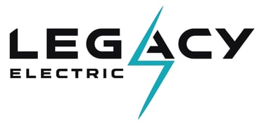 Legacy Electric Logo - Black and white with a blue lightening strike in the A
