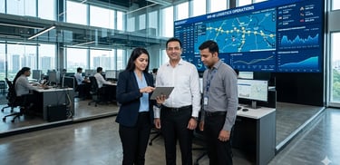 three Indians standing inside a company