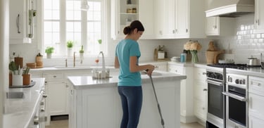 A modern store interior featuring a variety of green products displayed on wooden tables. The space is adorned with hanging plants and large windows that allow natural light to flood in, creating a warm and inviting atmosphere. The ceiling has wooden beams with skylights. Customers and staff are visible, engaged in transactions.