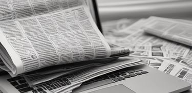 A stack of newspapers lies on a light-colored surface, with some pages slightly curling at the edges. Nearby, part of a laptop or similar electronic device is visible, suggesting a juxtaposition of print media and digital technology.