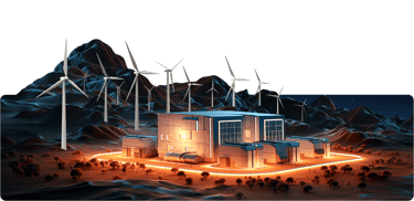 a futurist bitcoin mining facility with windmills and wind turbines