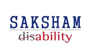 Saksham Disability logo with blue and red text on a white background.