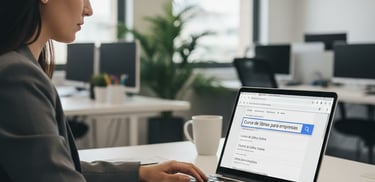 Alt: mulher no escritório usando notebook pesquisa no google sobre curso de libras para empresas