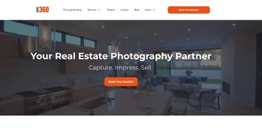Space360 real estate photography homepage with hero image, booking button, and tagline Capture Impress Sell