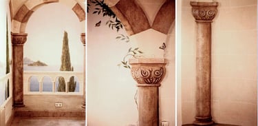 Three detailed images reveal Moorish-style trompe l'oeil elements painted into a showroom of boutique tile store