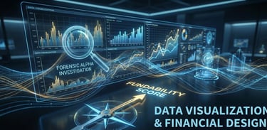 Futuristic financial dashboard featuring data visualization and forensic alpha investigation tools t