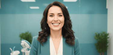 Una mujer sonríe amistosamente a la cámara, vestida con un blazer turquesa y una blusa blanca