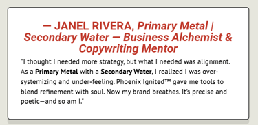 Testimonial from Business Alchemist and Copywriting  Mentor realizing the need more alignment not strategy, Metal Archetype