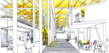 Direct sunlight in a building's interior architectural sketch.