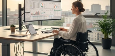 Mitarbeiterin im Rollstuhl arbeitet am PC, ermöglicht durch den Fahrdienst von Ben Fahrdienst.