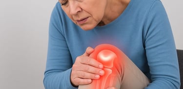 Person holding stiff and painful knee caused by osteoarthritis.