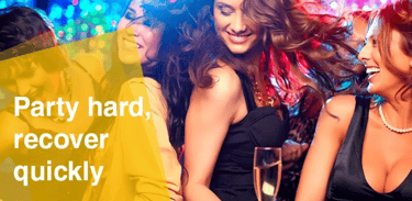 ladies dancing at a party, text 'party hard, recover quickly'
