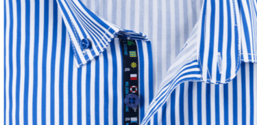 a close up of a blue striped Wilson and Sloane button up