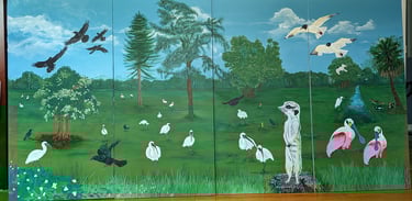 Four panel stretched canvas art series of Florida gulf coast living with wildlife, flowers, tidal creeks, and trees. 